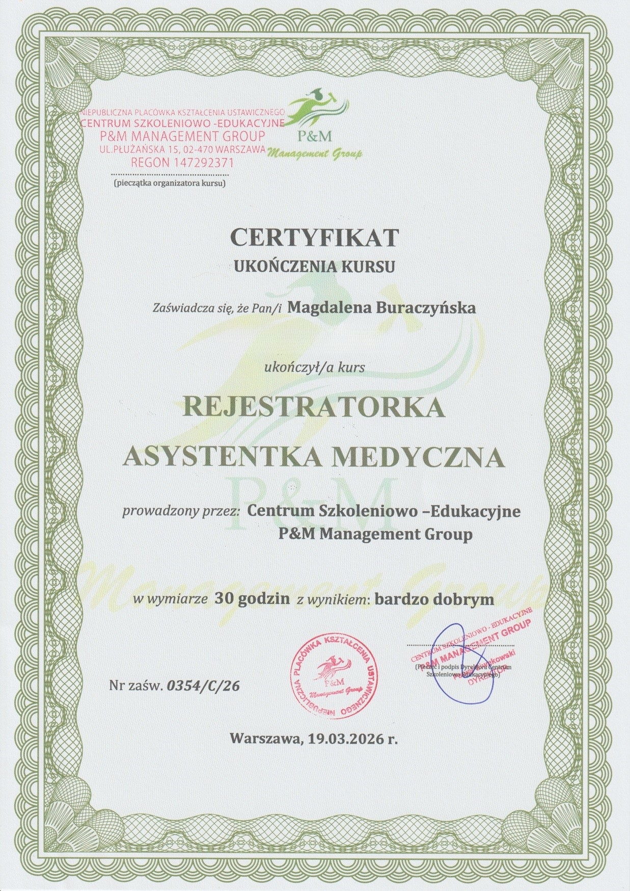 Certyfikat Asystentki Medycznej – Magdalena Buraczyńska BiuroDal