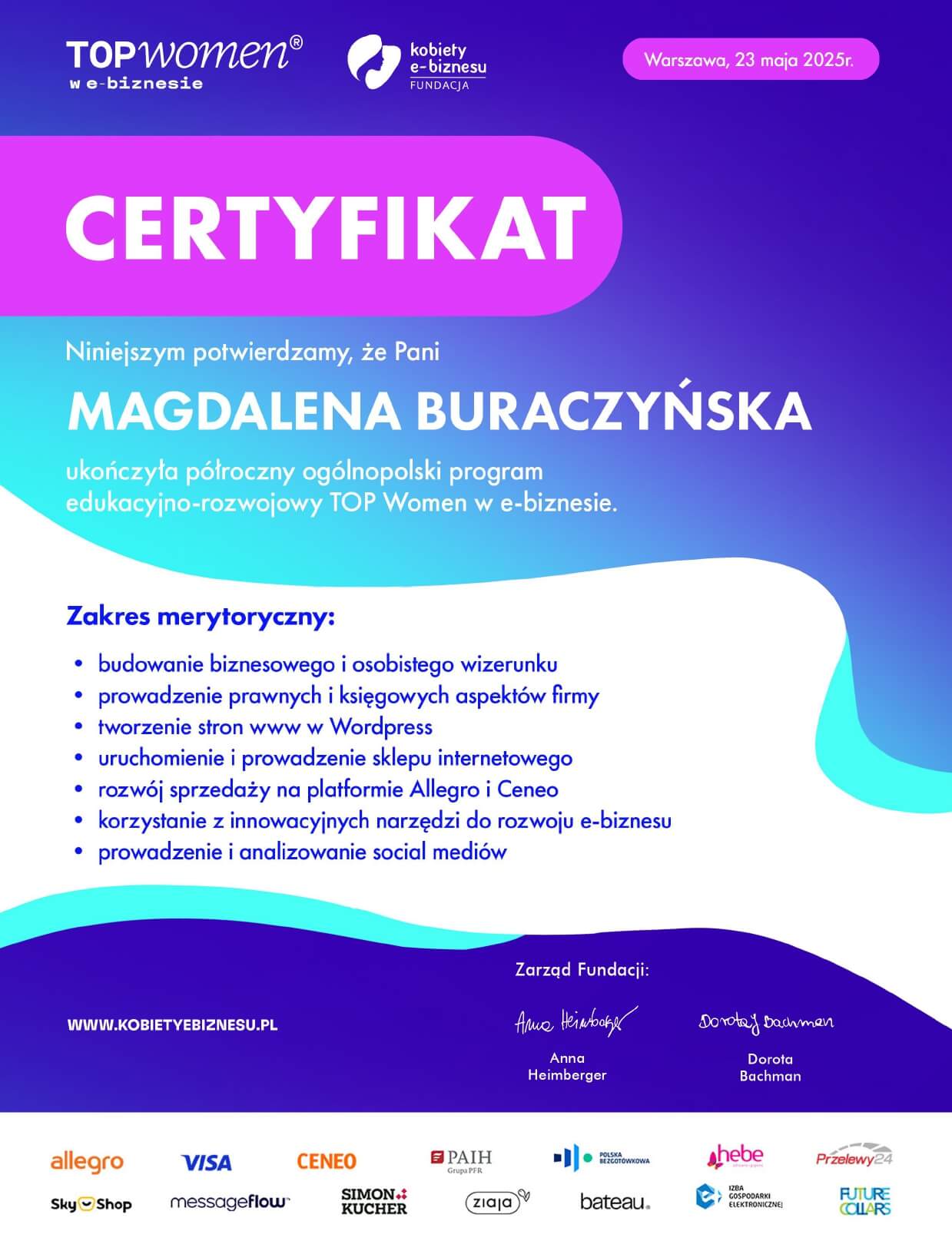 Certyfikat TOPwomen w e-biznesie